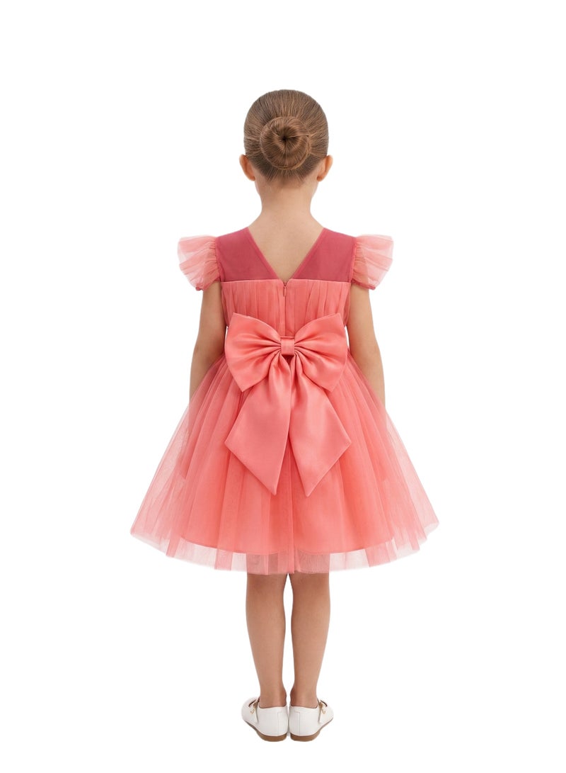 Bidani Coral Pink Flutter Sleeve Layered Tulle Dress - Image 3