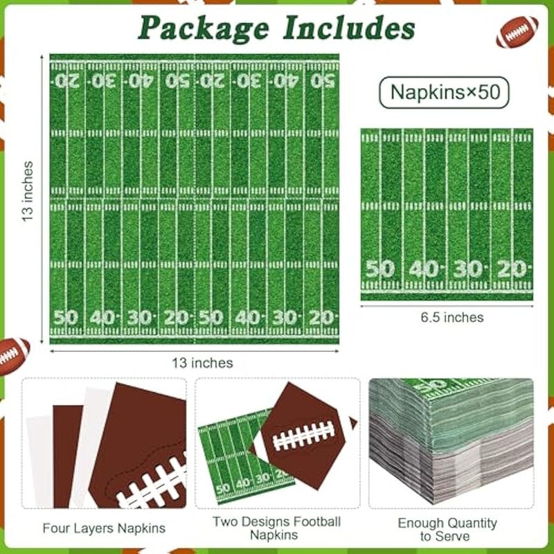 Arabest 50 PCS Football Party Supplies, 6.5 Inches Football Napkins with 2 Styles, Disposable Football Paper Napkins, Football Theme Napkins for Game Day Touchdown Birthday Party Decorations - Image 2