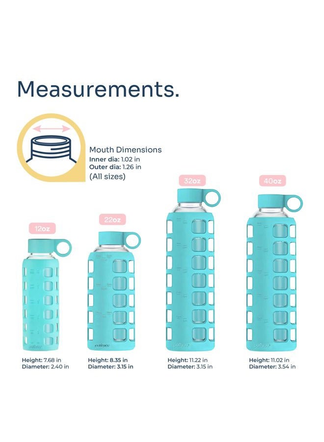 purifyou 40oz / 32oz / 22oz / 12oz Borosilicate Glass Water Bottle with Time & Volume Markers, Silicone Sleeve, Stainless Steel Lid | Reusable Glass Bottle for Water & Juice (32oz Aqua Blue) - Image 2