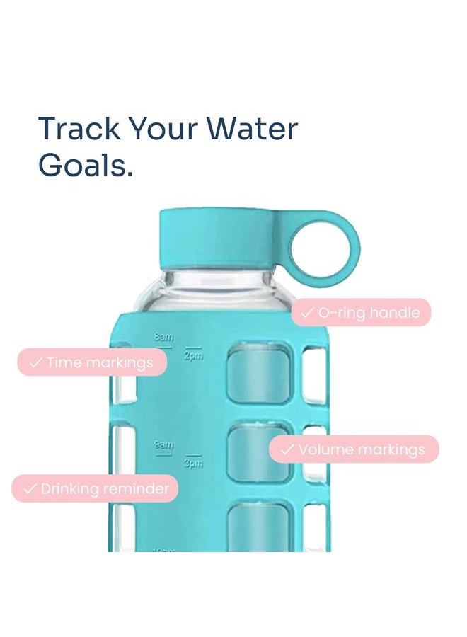 purifyou 40oz / 32oz / 22oz / 12oz Borosilicate Glass Water Bottle with Time & Volume Markers, Silicone Sleeve, Stainless Steel Lid | Reusable Glass Bottle for Water & Juice (32oz Aqua Blue) - Image 3