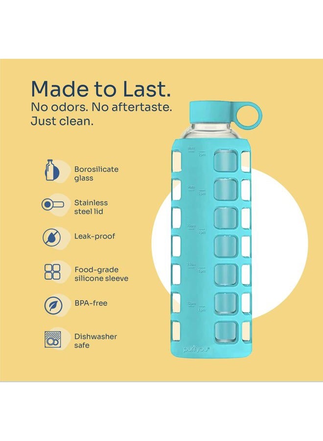 purifyou 40oz / 32oz / 22oz / 12oz Borosilicate Glass Water Bottle with Time & Volume Markers, Silicone Sleeve, Stainless Steel Lid | Reusable Glass Bottle for Water & Juice (32oz Aqua Blue) - Image 4