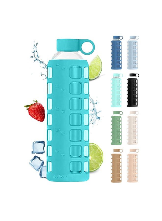 purifyou 40oz / 32oz / 22oz / 12oz Borosilicate Glass Water Bottle with Time & Volume Markers, Silicone Sleeve, Stainless Steel Lid | Reusable Glass Bottle for Water & Juice (32oz Aqua Blue) - Image 1