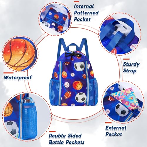 WAWSAM Kids Gym Drawstring Backpack String Bag, Ball Sports Gym Bag for Kids Boys Waterproof Swimming Beach String Cinch Backpack with Two Water Bottle Pocket - Image 5