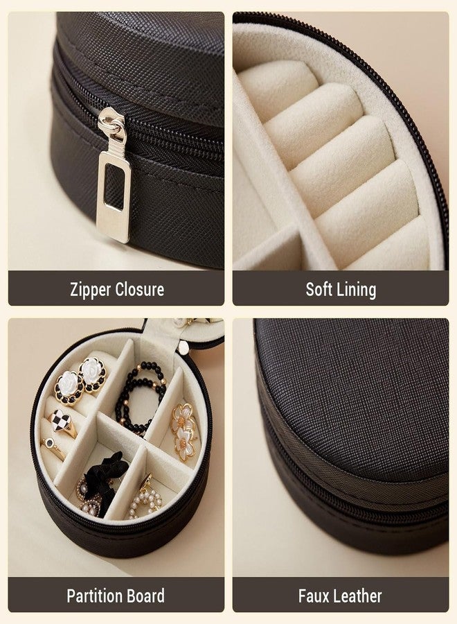 OffyBird PU Leather Travel Jewelry Box - Mini Portable Organizer with Zipper Lock, Small Storage Box for Ring, Earrings, Necklaces, Gifts for Women & Girls (Round, Black) - Image 4