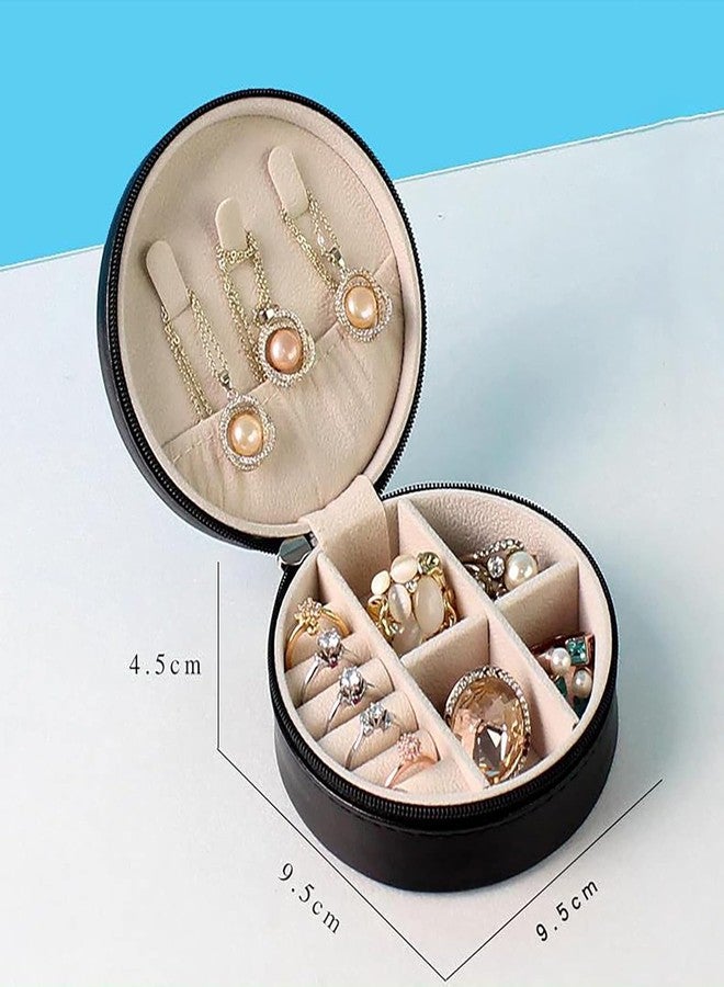 OffyBird PU Leather Travel Jewelry Box - Mini Portable Organizer with Zipper Lock, Small Storage Box for Ring, Earrings, Necklaces, Gifts for Women & Girls (Round, Black) - Image 3