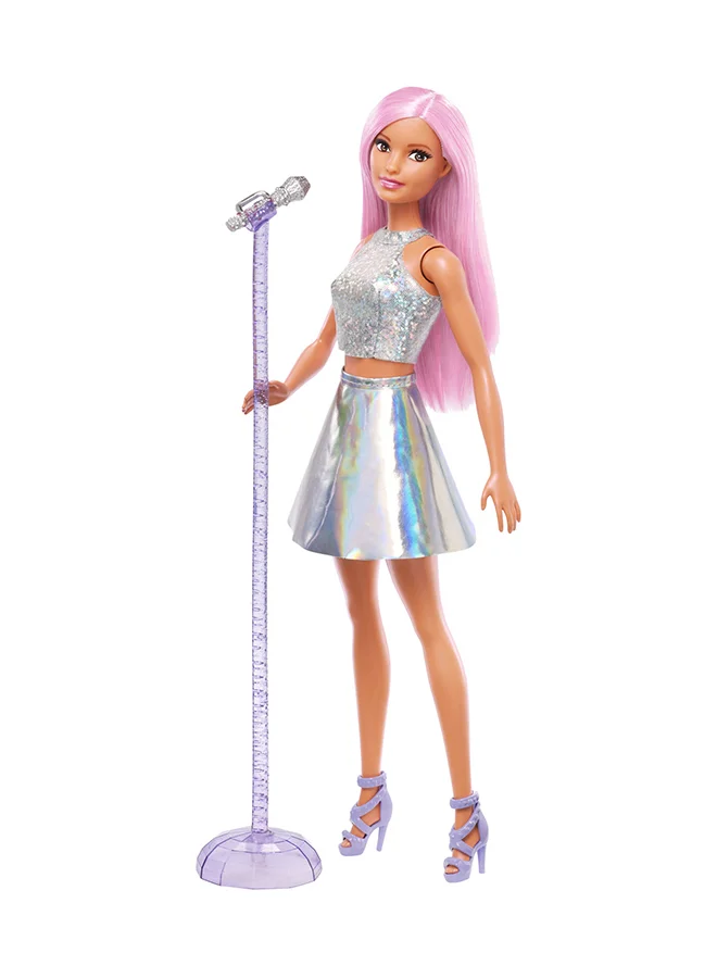 باربي Pop Star Doll Dressed In Iridescent Skirt with Microphone and Pink Hair, Gift for 3 to 7 Year Olds