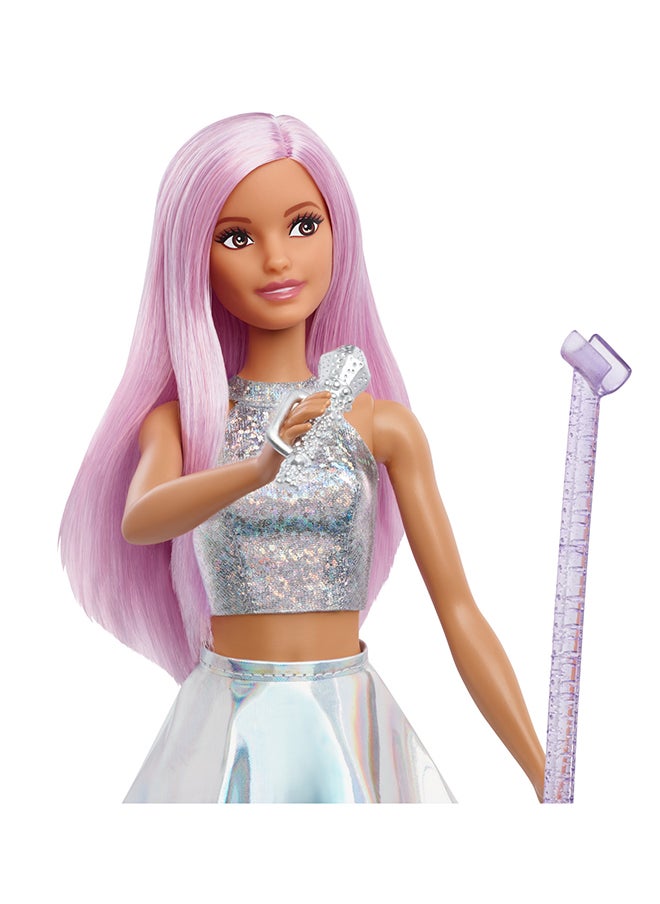 Barbie - Pop Star Doll Dressed In Iridescent Skirt with Microphone and Pink Hair, Gift for 3 to 7 Year Olds - Image 1