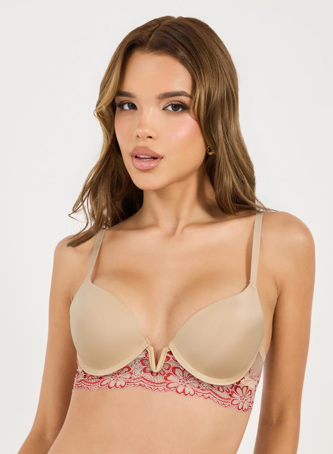 Styli Padded Wired Contrast Lace V Plunge Bra  - Image 1