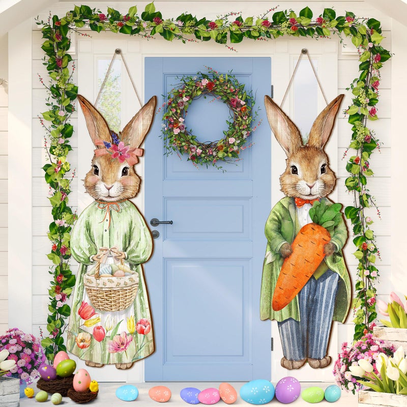 Anglechic 2 Pcs Large Easter Bunny Door Sign 9.84 x 28.35 Inch Easter Outdoor Decor Wooden Bunny Hanging Porch Sign Farmhouse Rabbit with Carrot Basket Egg for Front Door Home Wall Holiday Decorations - Image 1