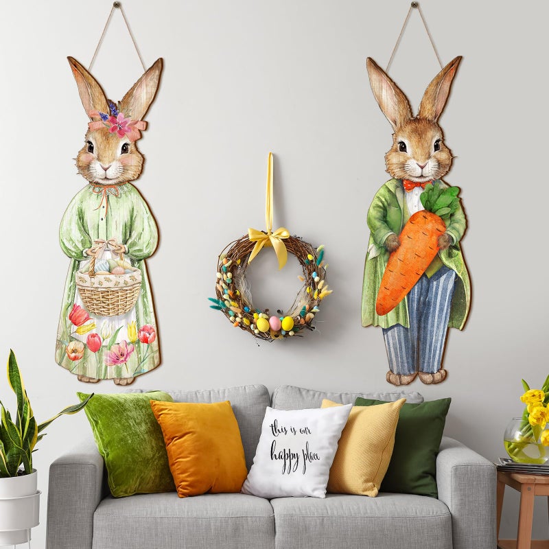 Anglechic 2 Pcs Large Easter Bunny Door Sign 9.84 x 28.35 Inch Easter Outdoor Decor Wooden Bunny Hanging Porch Sign Farmhouse Rabbit with Carrot Basket Egg for Front Door Home Wall Holiday Decorations - Image 4