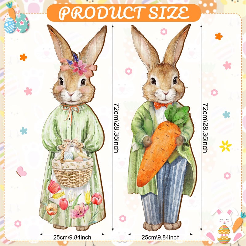 Anglechic 2 Pcs Large Easter Bunny Door Sign 9.84 x 28.35 Inch Easter Outdoor Decor Wooden Bunny Hanging Porch Sign Farmhouse Rabbit with Carrot Basket Egg for Front Door Home Wall Holiday Decorations - Image 2