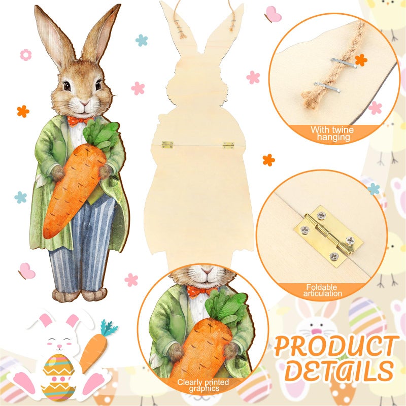 Anglechic 2 Pcs Large Easter Bunny Door Sign 9.84 x 28.35 Inch Easter Outdoor Decor Wooden Bunny Hanging Porch Sign Farmhouse Rabbit with Carrot Basket Egg for Front Door Home Wall Holiday Decorations - Image 3