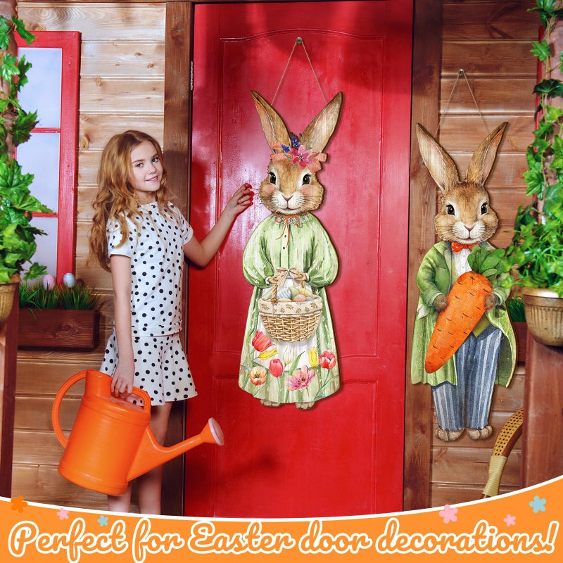 Anglechic 2 Pcs Large Easter Bunny Door Sign 9.84 x 28.35 Inch Easter Outdoor Decor Wooden Bunny Hanging Porch Sign Farmhouse Rabbit with Carrot Basket Egg for Front Door Home Wall Holiday Decorations - Image 5