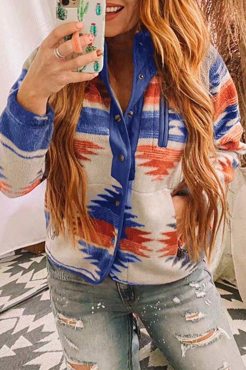Factory direct supply Ido Europe and the United States winter new womens contrast jacket plush geometric pattern coat 24345 Blue  - Image 1