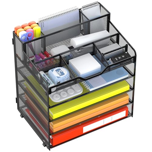 Docnest 5 Tier Mesh Desk Organizer for Paper Office Supplies MultiFunctional Letter Tray with 5 Adjustable Compartments 3 Pen Holders Desktop Storage for Files Mail Stationery Black - Image 1