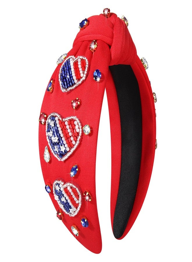 boderier 4th of July Headband Beaded Flag Heart Headband Jeweled Crystal Embellished Knotted USA Red White Blue Independence Day Holiday Acessories - Image 1
