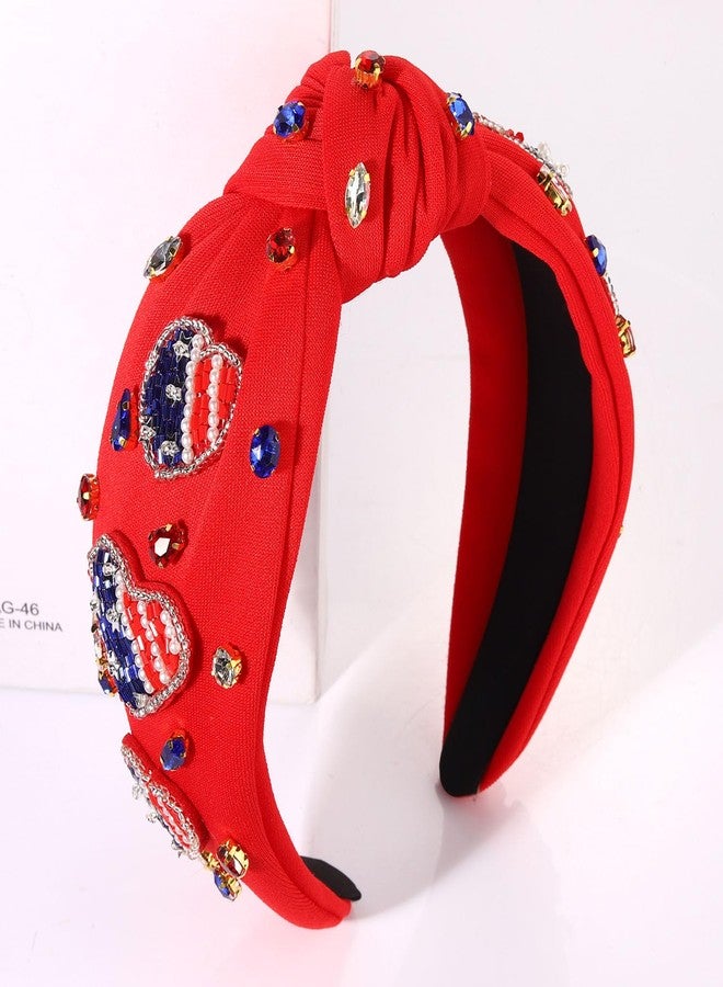 boderier 4th of July Headband Beaded Flag Heart Headband Jeweled Crystal Embellished Knotted USA Red White Blue Independence Day Holiday Acessories - Image 4