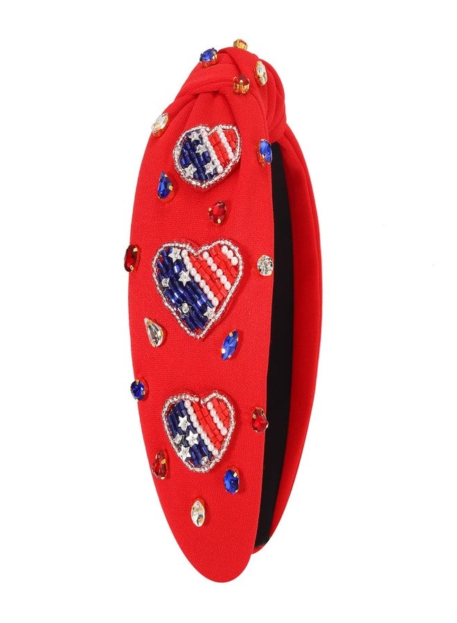 boderier 4th of July Headband Beaded Flag Heart Headband Jeweled Crystal Embellished Knotted USA Red White Blue Independence Day Holiday Acessories - Image 5