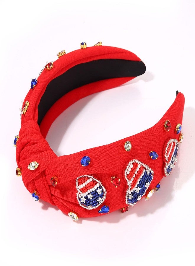 boderier 4th of July Headband Beaded Flag Heart Headband Jeweled Crystal Embellished Knotted USA Red White Blue Independence Day Holiday Acessories - Image 3
