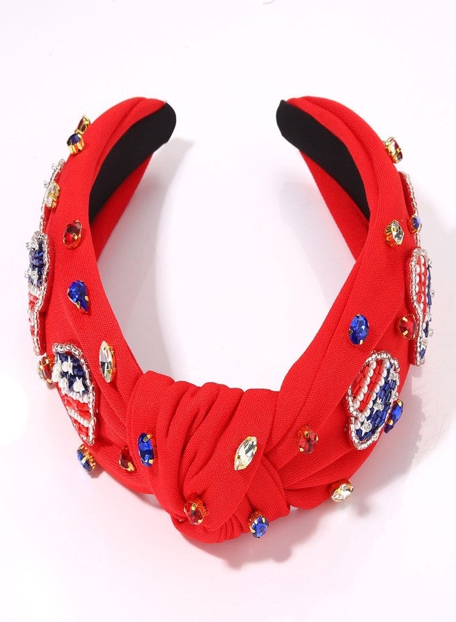 boderier 4th of July Headband Beaded Flag Heart Headband Jeweled Crystal Embellished Knotted USA Red White Blue Independence Day Holiday Acessories - Image 2