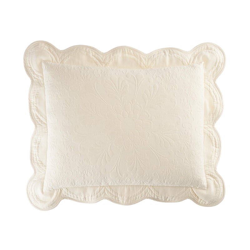 Historic Charleston Charleston Estate Modern Farmhouse Floral Matelasse Decorative Pillowcase With Scalloped Edges  100% Cotton Breathable Bedding  Standard Sham (20"" X 26"")  Ivory Floral - Image 1