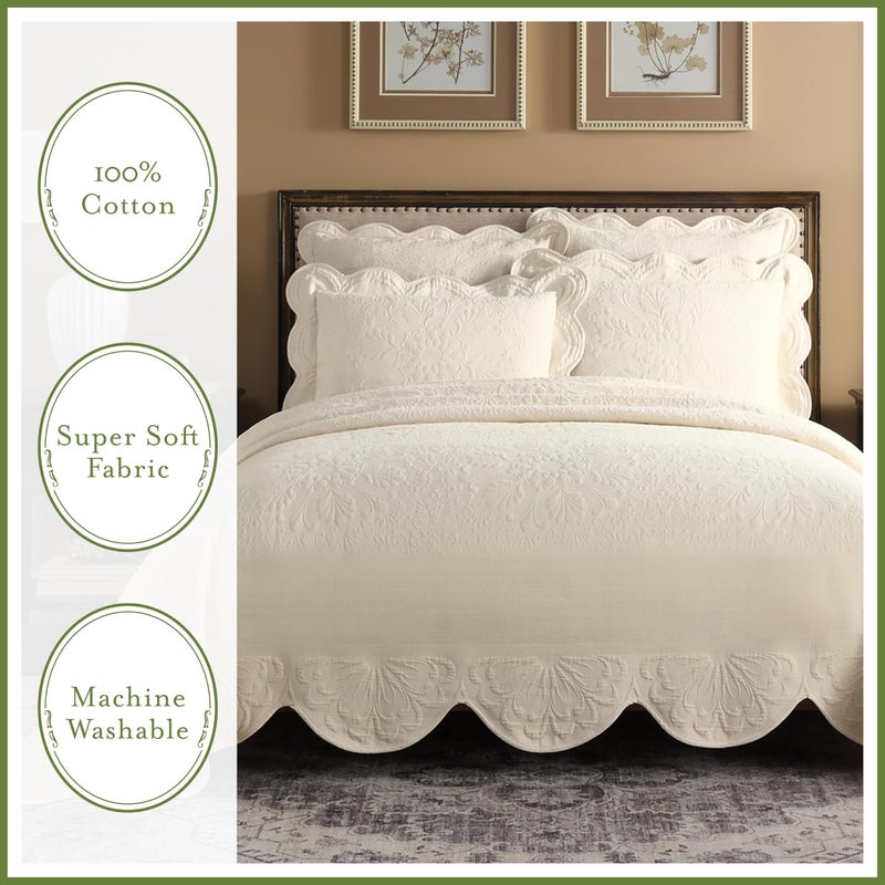 Historic Charleston Charleston Estate Modern Farmhouse Floral Matelasse Decorative Pillowcase With Scalloped Edges  100% Cotton Breathable Bedding  Standard Sham (20"" X 26"")  Ivory Floral - Image 5