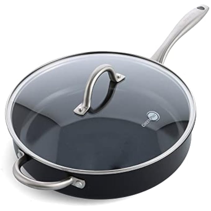 جرين بان مقلاة تشاتام بلاك برايم ميدنايت الصحية المصنوعة من السيراميك المؤكسد الصلب غير اللاصق بسعة 5 كوارت مع مقبض مساعد وغطاء، خالية من مادة Pfas، آمنة للاستخدام في غسالة الأطباق وآمنة للاستخدام في الفرن، باللون الأسود - Image 1