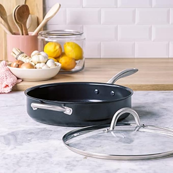 جرين بان مقلاة تشاتام بلاك برايم ميدنايت الصحية المصنوعة من السيراميك المؤكسد الصلب غير اللاصق بسعة 5 كوارت مع مقبض مساعد وغطاء، خالية من مادة Pfas، آمنة للاستخدام في غسالة الأطباق وآمنة للاستخدام في الفرن، باللون الأسود - Image 3