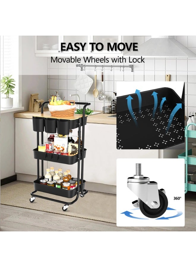 Arabest 3 Tier Rolling Cart with Metal Handle, Table Top, Hanging Cups, Hooks, Plastic Storage Baskets& Wheels Lockable, Utility Cart for Bathroom Classroom Office Kitchen Pantry Organizers and Storage, Black - Image 3