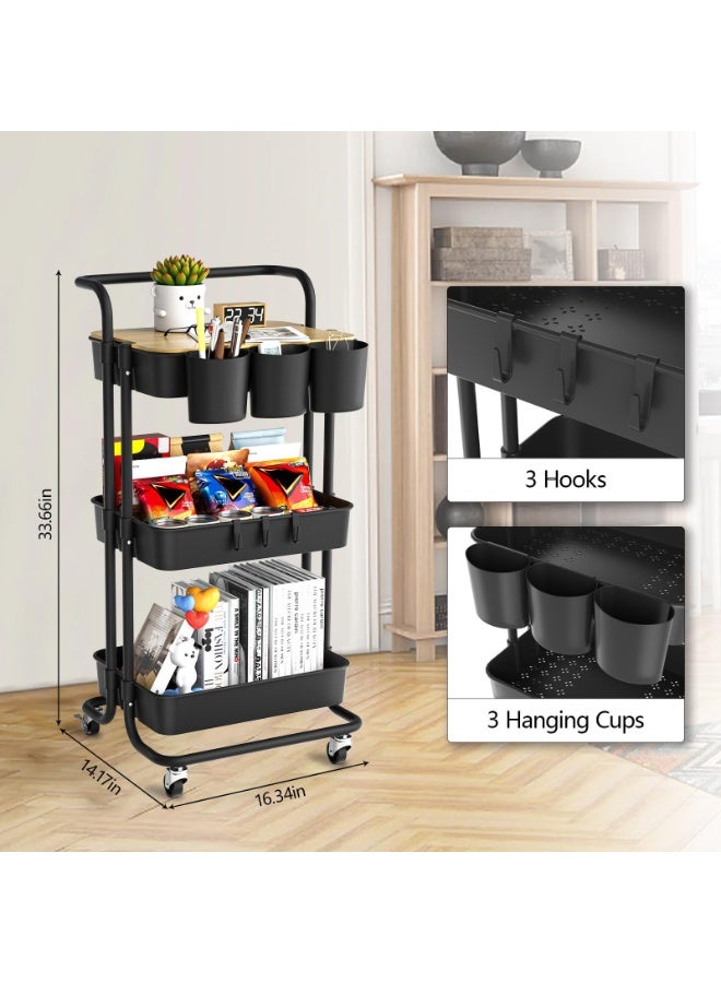 Arabest 3 Tier Rolling Cart with Metal Handle, Table Top, Hanging Cups, Hooks, Plastic Storage Baskets& Wheels Lockable, Utility Cart for Bathroom Classroom Office Kitchen Pantry Organizers and Storage, Black - Image 4