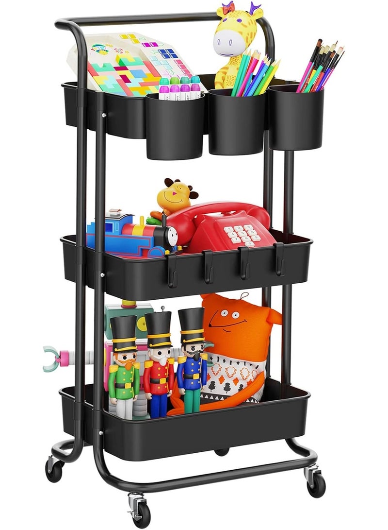 Arabest 3 Tier Rolling Cart with Metal Handle, Table Top, Hanging Cups, Hooks, Plastic Storage Baskets& Wheels Lockable, Utility Cart for Bathroom Classroom Office Kitchen Pantry Organizers and Storage, Black - Image 1