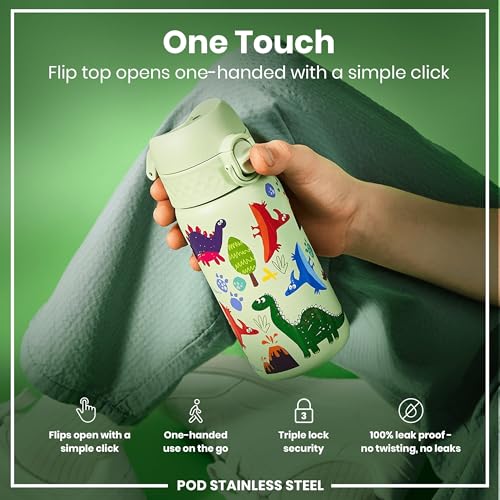 ION8 Kids Water Bottle, Steel 400 ml/13 oz, Leak Proof, Easy to Open, Secure Lock, Dishwasher Safe, Flip Cover, Carry Handle, Easy Clean, Durable, Scratch Resistant, Raised Print, Dinosaurs Design - Image 3