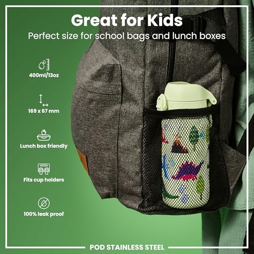 ION8 Kids Water Bottle, Steel 400 ml/13 oz, Leak Proof, Easy to Open, Secure Lock, Dishwasher Safe, Flip Cover, Carry Handle, Easy Clean, Durable, Scratch Resistant, Raised Print, Dinosaurs Design - Image 2