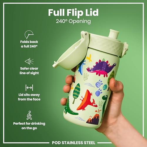 ION8 Kids Water Bottle, Steel 400 ml/13 oz, Leak Proof, Easy to Open, Secure Lock, Dishwasher Safe, Flip Cover, Carry Handle, Easy Clean, Durable, Scratch Resistant, Raised Print, Dinosaurs Design - Image 4