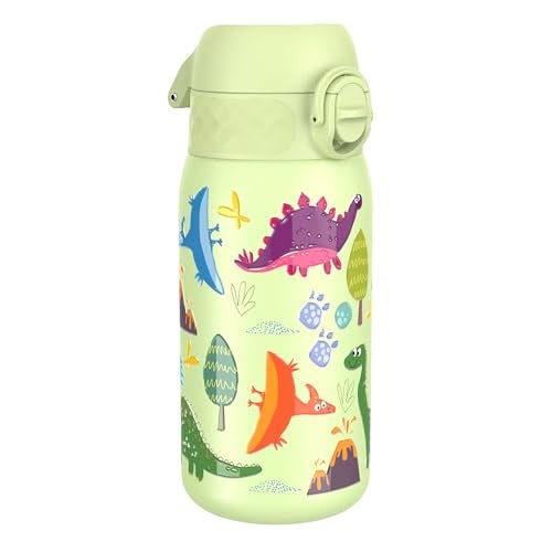 ION8 Kids Water Bottle, Steel 400 ml/13 oz, Leak Proof, Easy to Open, Secure Lock, Dishwasher Safe, Flip Cover, Carry Handle, Easy Clean, Durable, Scratch Resistant, Raised Print, Dinosaurs Design - Image 1