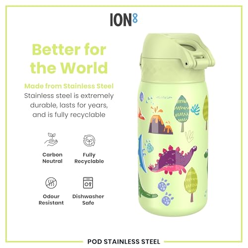 ION8 Kids Water Bottle, Steel 400 ml/13 oz, Leak Proof, Easy to Open, Secure Lock, Dishwasher Safe, Flip Cover, Carry Handle, Easy Clean, Durable, Scratch Resistant, Raised Print, Dinosaurs Design - Image 5