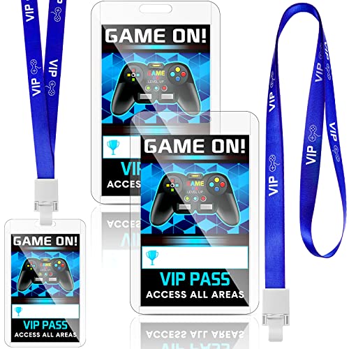 Leinuosen 16 Pieces Blue Video Game VIP Pass Holder Tickets Set Video Game Ticket Holder Gamer Party VIP Pass Lanyards for Birthday Party Supplies Favors - Image 1