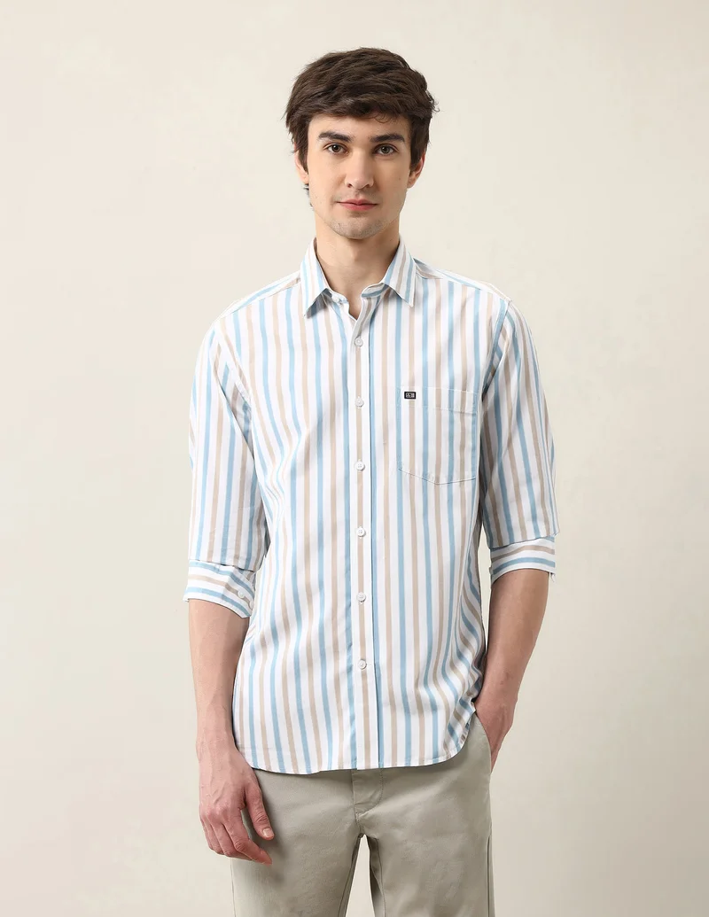 Arrow Teal Vertical Striped Slim Fit Air Soft Shirt for Men | Best Price UAE