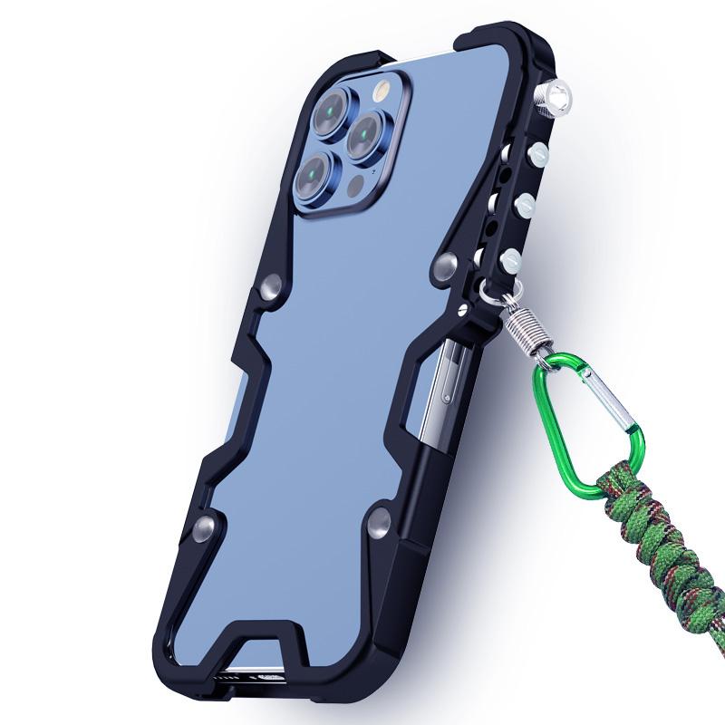 For iPhone 13 Trigger Design Hollow Metal Frame Phone Case with Lanyard(Silver) - Image 4