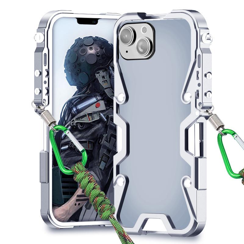 For iPhone 13 Trigger Design Hollow Metal Frame Phone Case with Lanyard(Silver) - Image 1