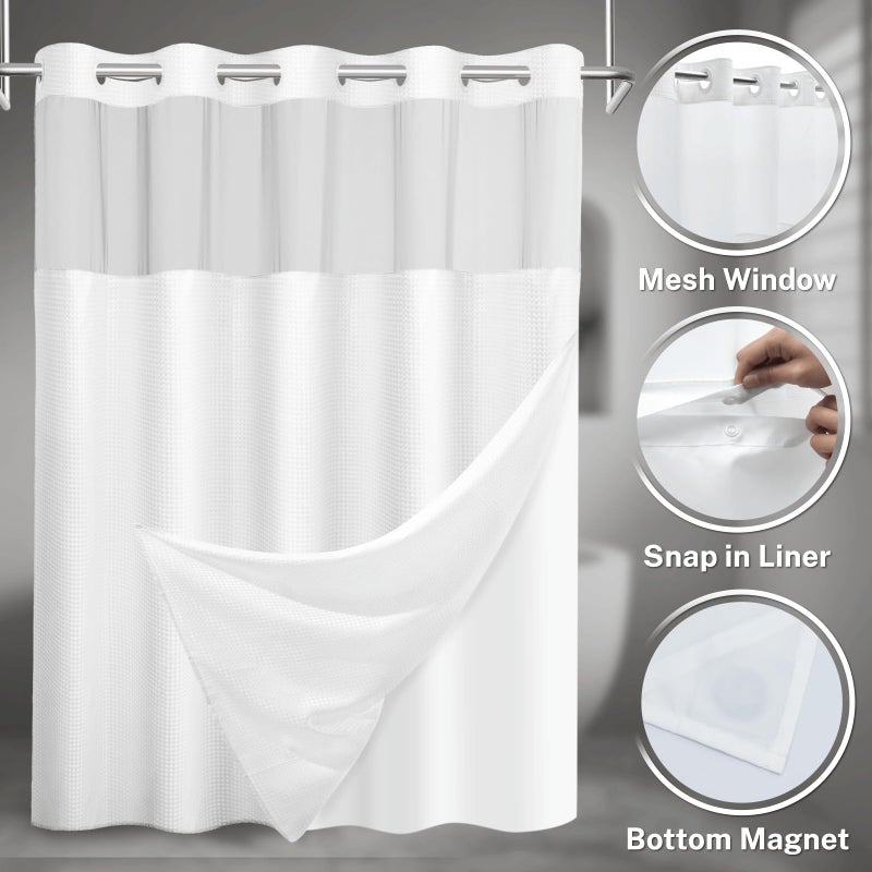 SORTTO No Hook Shower Curtain with Snap in Liner Set Waffle Shower Curtain for Bathroom Hotel Style Fabric Waterproof Inner Linerï¼Œ71" W x 74" H, White - Image 3