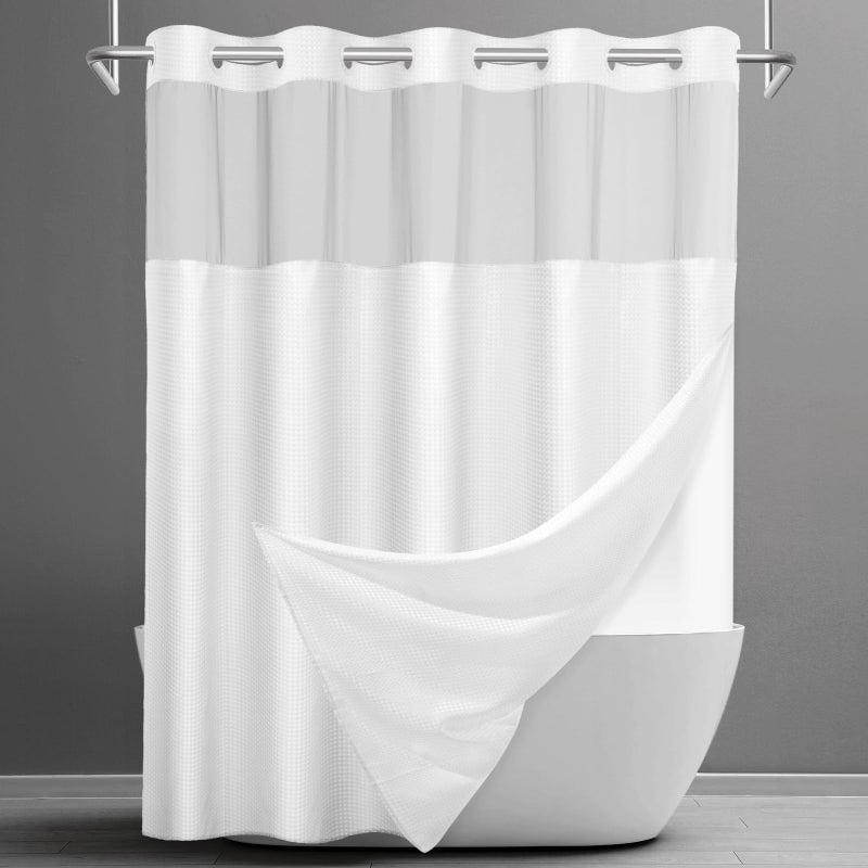 SORTTO No Hook Shower Curtain with Snap in Liner Set Waffle Shower Curtain for Bathroom Hotel Style Fabric Waterproof Inner Linerï¼Œ71" W x 74" H, White - Image 1