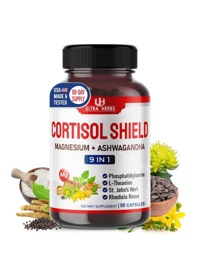 ULTRA HERBS CORTISOL شيلد 9 في 1 - مغنيسيوم + أشواغاندا مع فوسفاتيديل سيرين، L-ثيانين، عشبة سانت جون، روديولا روزيا - دعم الاسترخاء، توازن الهرمونات - صنع في الولايات المتحدة (90 حبة (عبوة واحدة)) - Image 1