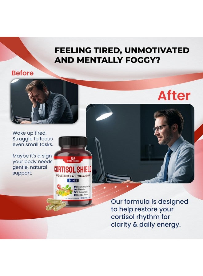 ULTRA HERBS CORTISOL شيلد 9 في 1 - مغنيسيوم + أشواغاندا مع فوسفاتيديل سيرين، L-ثيانين، عشبة سانت جون، روديولا روزيا - دعم الاسترخاء، توازن الهرمونات - صنع في الولايات المتحدة (90 حبة (عبوة واحدة)) - Image 2