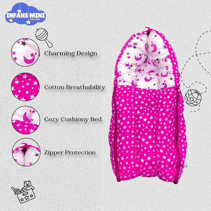 Infans Mini Star Moon Mini 3 in 1 Babys Cotton Bed Cum Carry Bed Printed Baby Sleeping BagBaby BedInfant Portable for Unisex Easily Portable Light Weight Carry for New Born 04 Months OldPink - Image 4