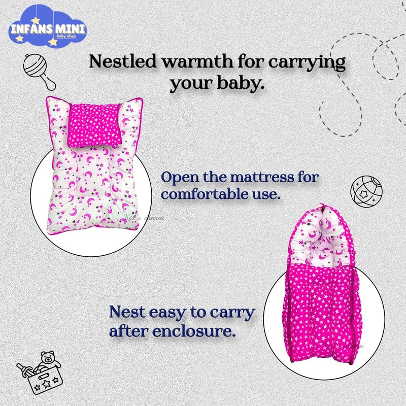 Infans Mini Star Moon Mini 3 in 1 Babys Cotton Bed Cum Carry Bed Printed Baby Sleeping BagBaby BedInfant Portable for Unisex Easily Portable Light Weight Carry for New Born 04 Months OldPink - Image 3