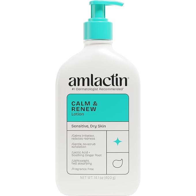 AmLactin Calm & Renew Lotion, 14.1 oz - Therapeutic Body and Face Moisturizer for Sensitive Skin - Exfoliator and Body Lotion for Dry Skin with Lactic Acid AHA and Soothing Ginger Root - Image 1
