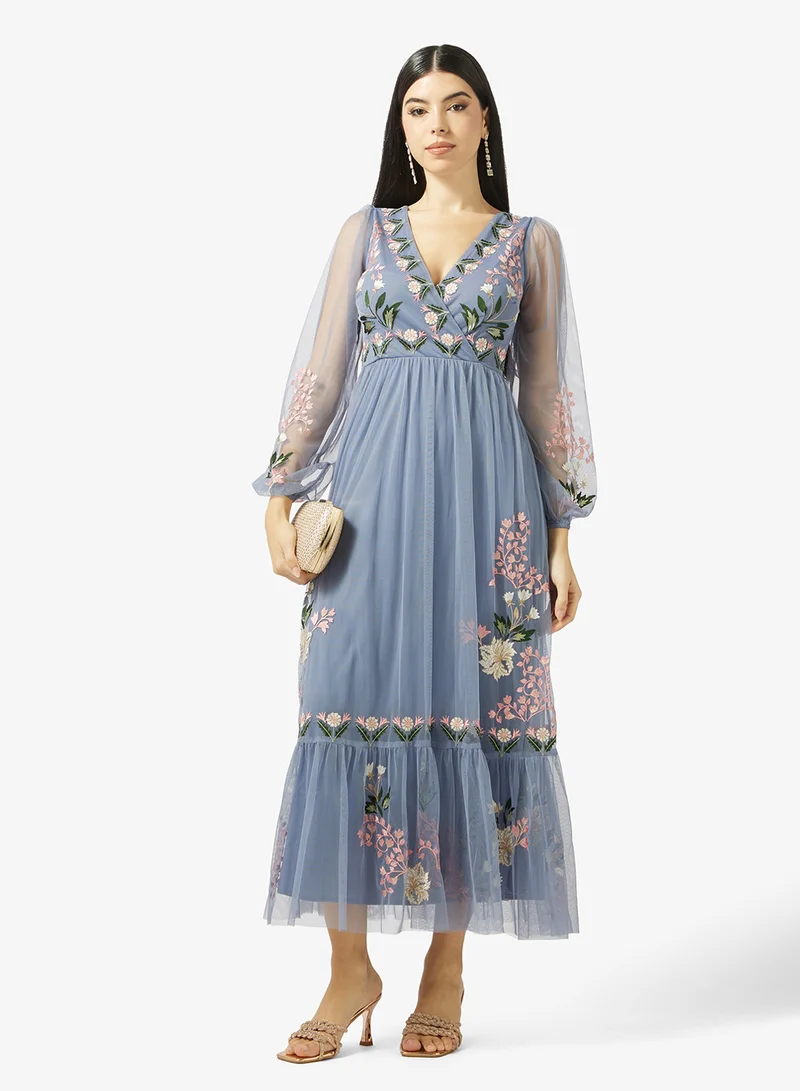Maya  Embroidered Tulle Wrap Maxi Dress for Women | Best Price UAE