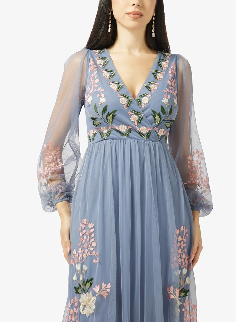 Maya  Embroidered Tulle Wrap Maxi Dress for Women | Best Price UAE