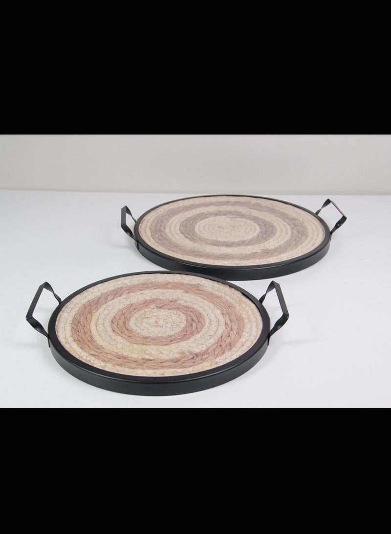 Elegant round serving tray set made of natural wicker and metal frame  - Image 4